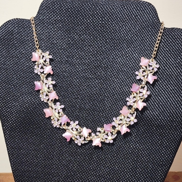 Vintage Pink Purple Thermoset Necklace Gold Tone Necklace Floral Choker 15" - Picture 3 of 7